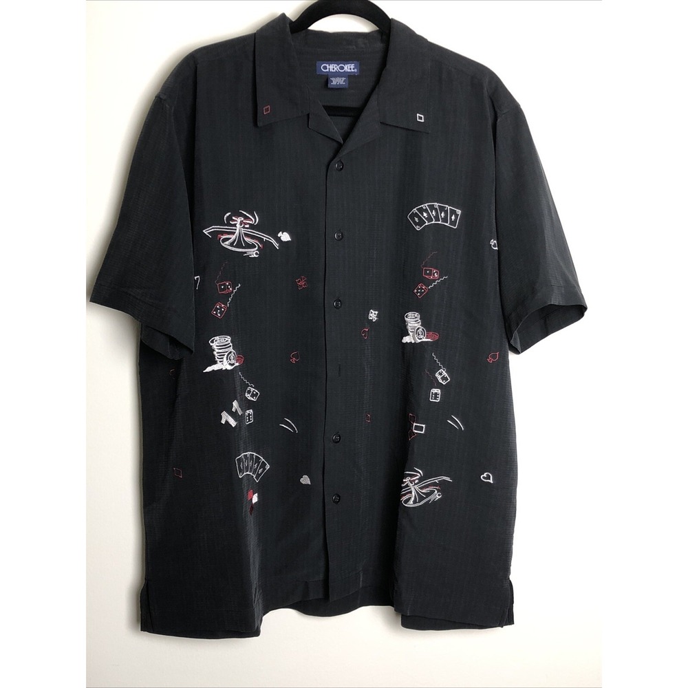 Cherokee Casual Embroidered Gambling Games Black Shirt Rayon Blend Large